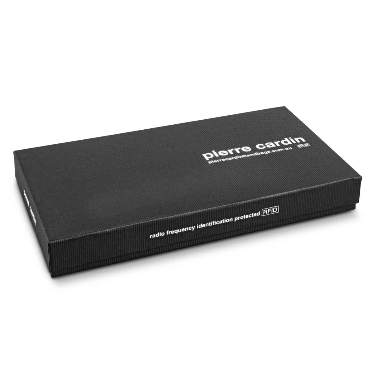 A black rectangular box with a minimalist design, featuring branding and RFID protection details.