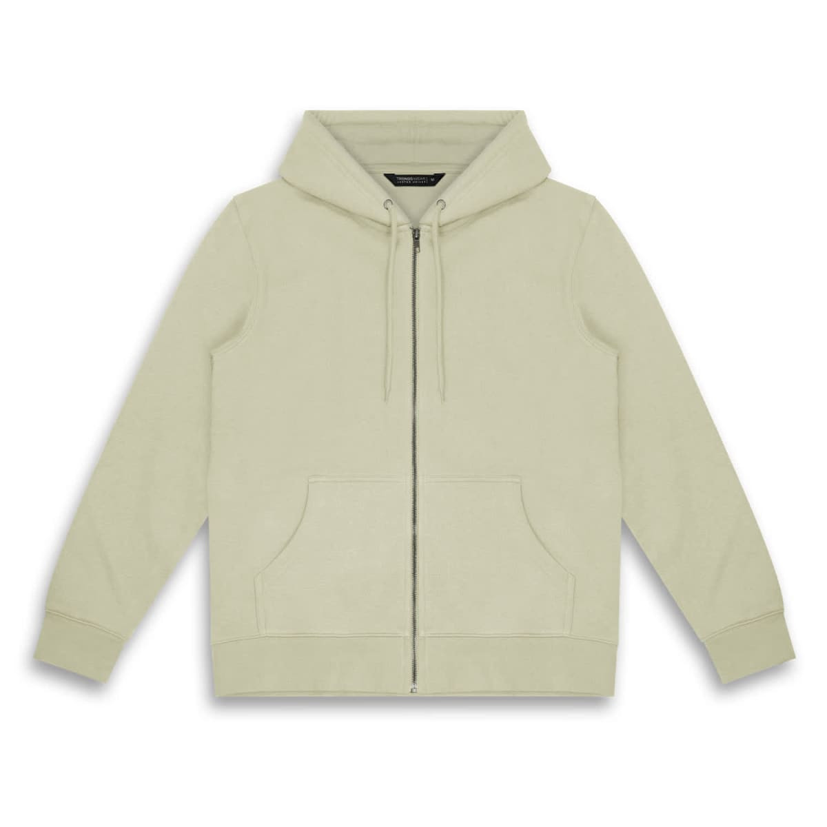 A light green unisex hoodie with a zip front, drawstring hood, and front pockets. Features a logo.