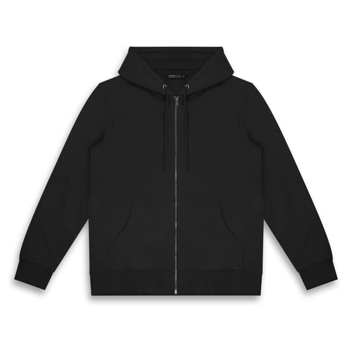 A black unisex hoodie featuring a zip front, drawstring hood, and front pockets, with a logo on the chest.