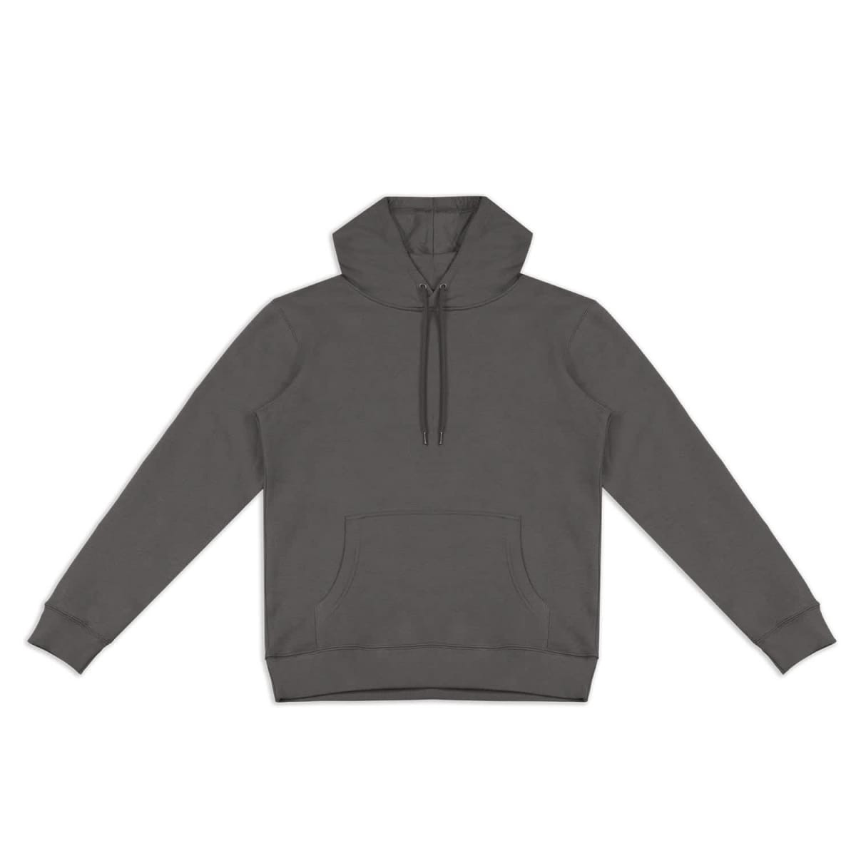 A unisex hoodie in dark grey featuring a front pocket and a drawstring hood. Includes a logo on the garment.