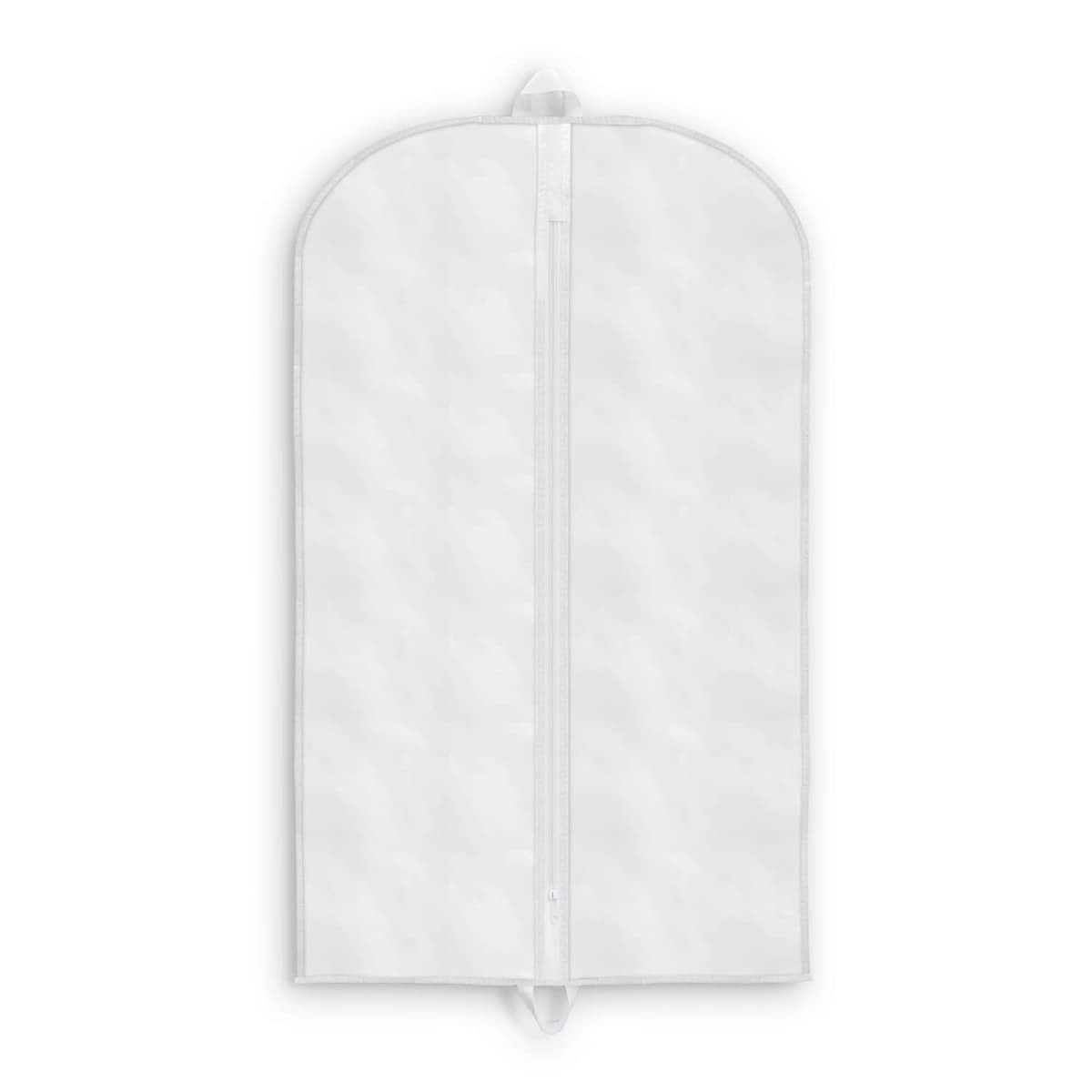 A white garment bag with a curved top and a zipper closure, featuring a handle for easy carrying.