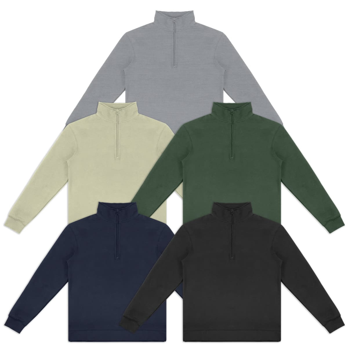 A collection of five unisex quarter zip jumpers in grey, cream, green, navy, and black, featuring a logo.