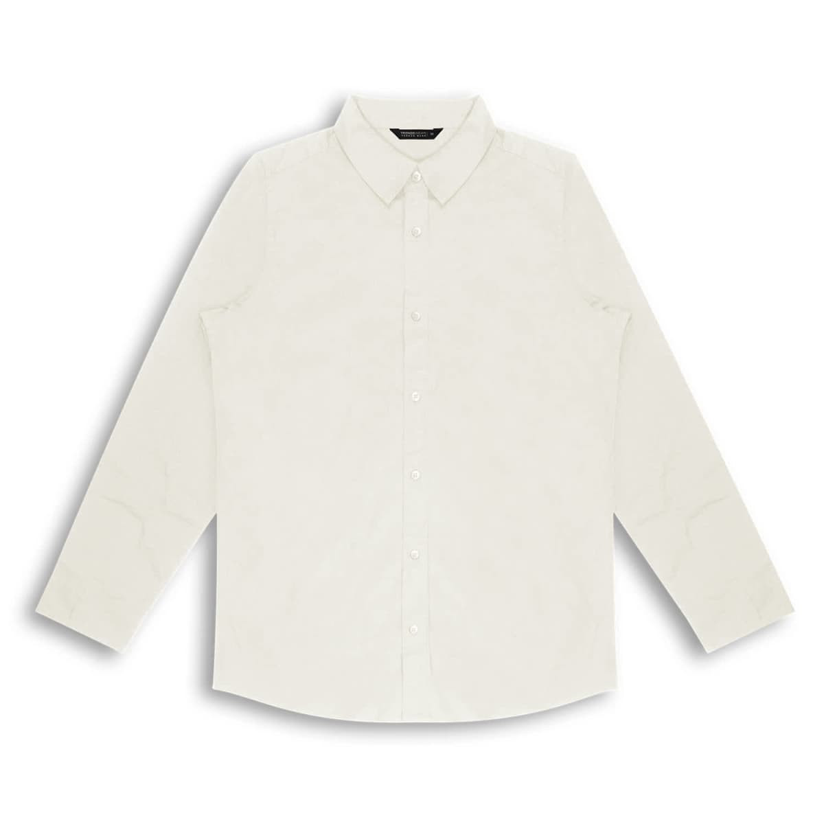 A light-coloured button-up poplin shirt with a collar and long sleeves, featuring branding.