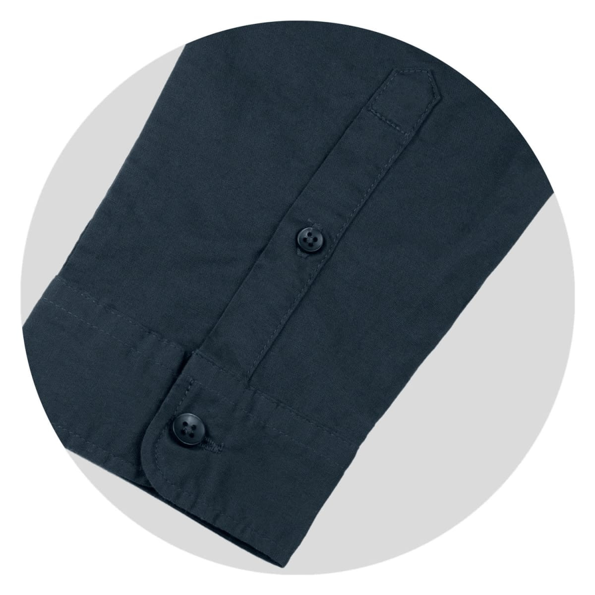 A dark grey button-up shirt sleeve featuring a double-button cuff and neat stitching. It has a logo on the fabric.