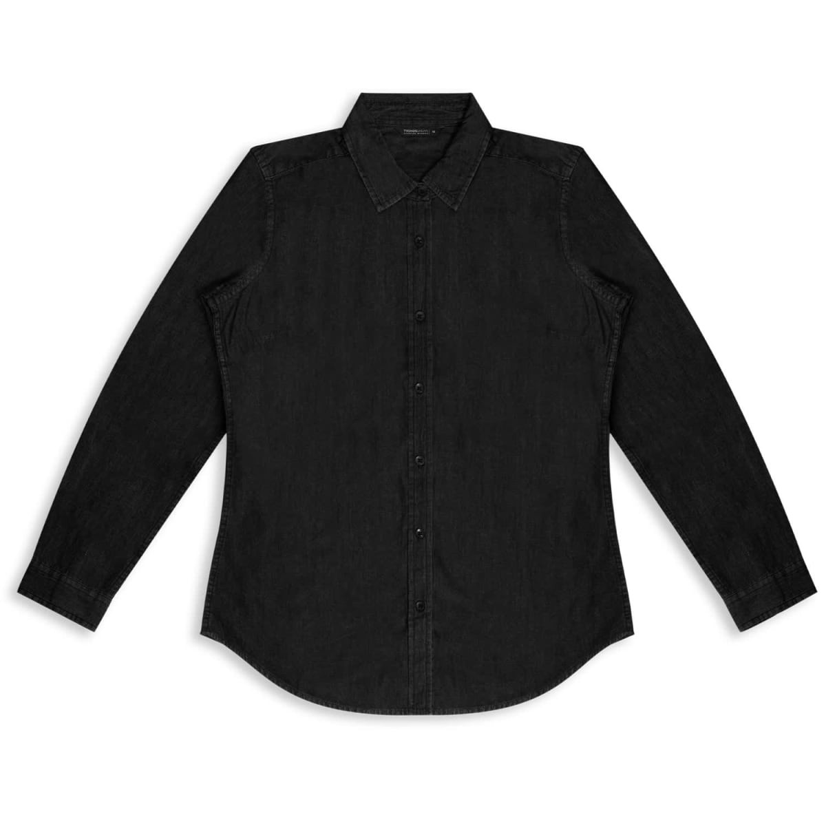 A black women's denim shirt with long sleeves and a button-up front. It features a collar and has a logo.