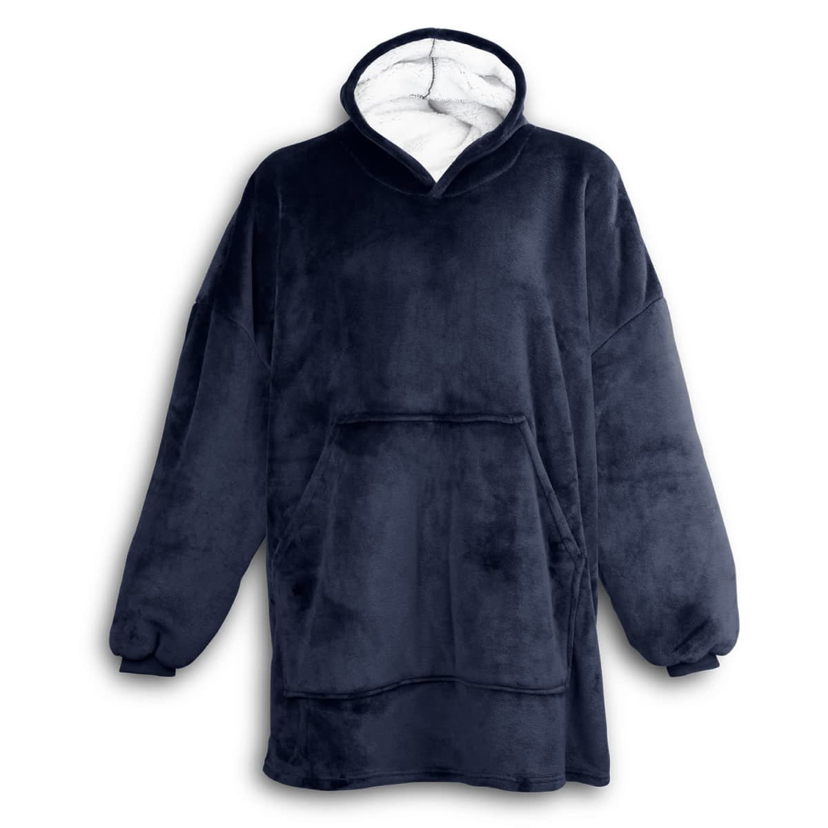A navy blue blanket hoodie featuring a soft interior and a large front pocket, designed for comfort and warmth.