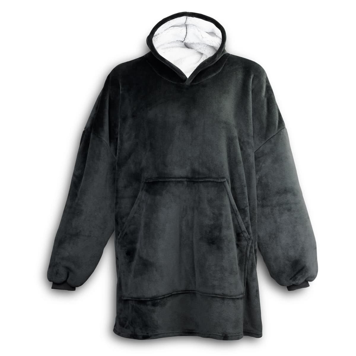 A dark green fleece blanket hoodie with a front pocket and a white lining. It features a logo.