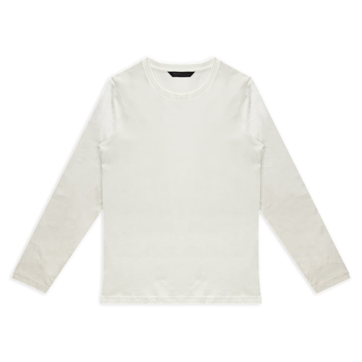 A white long sleeve crew shirt with a simple design and a logo on the label.
