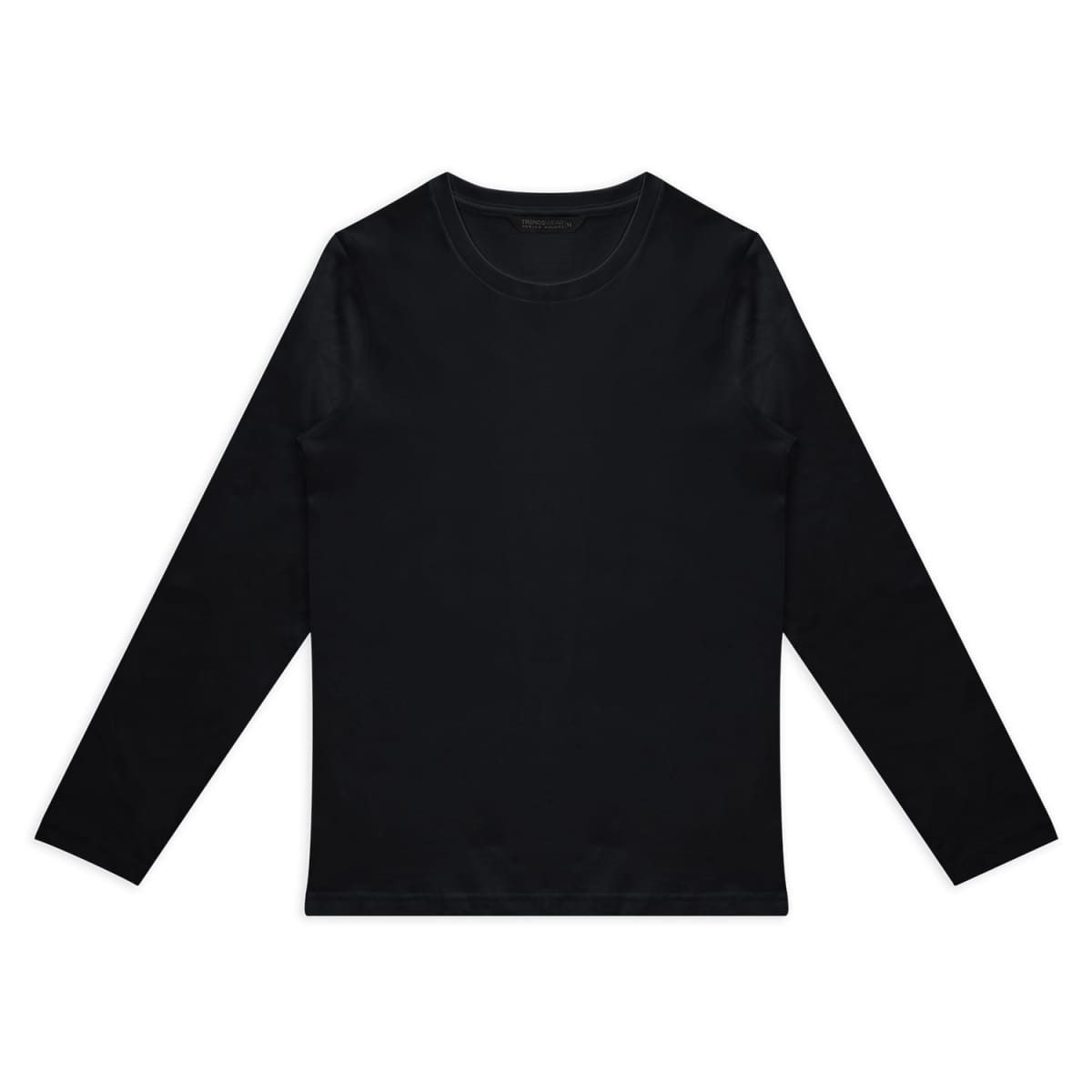 A black long sleeve crew shirt featuring a simple design and a logo.