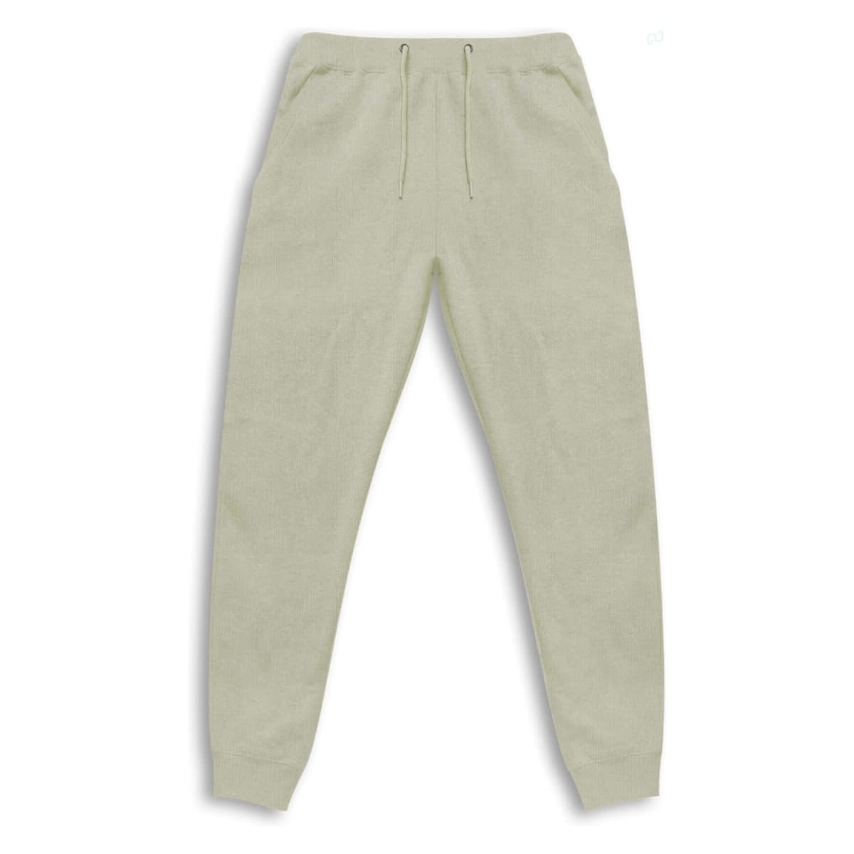 A pair of light green unisex sweatpants with an elasticated waistband and drawstring, featuring pockets and a logo.