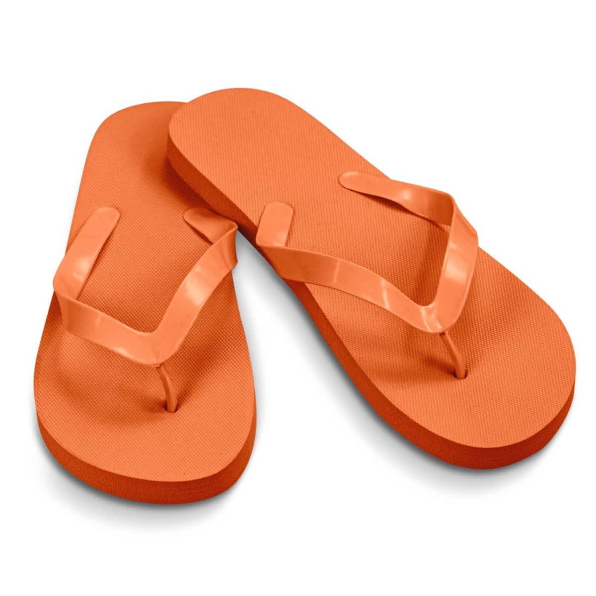 A pair of orange flip flops with a textured sole and a simple thong strap. Features a logo.