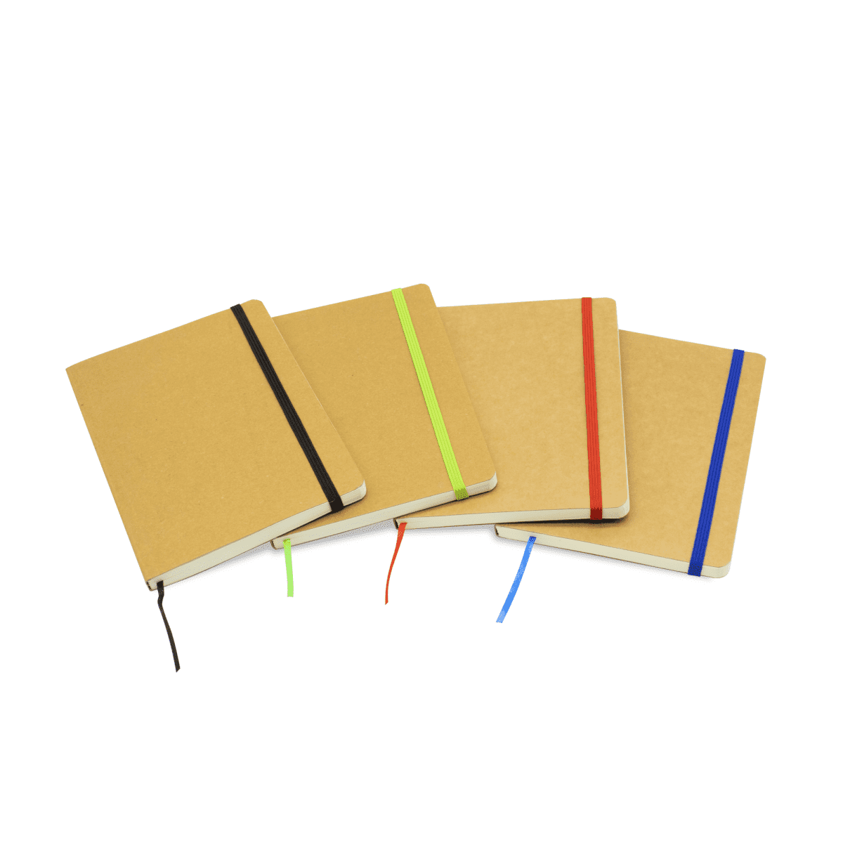 Four Jodha Notebooks in kraft with black, green, red, and blue elastic bands, featuring a simple logo on the cover.