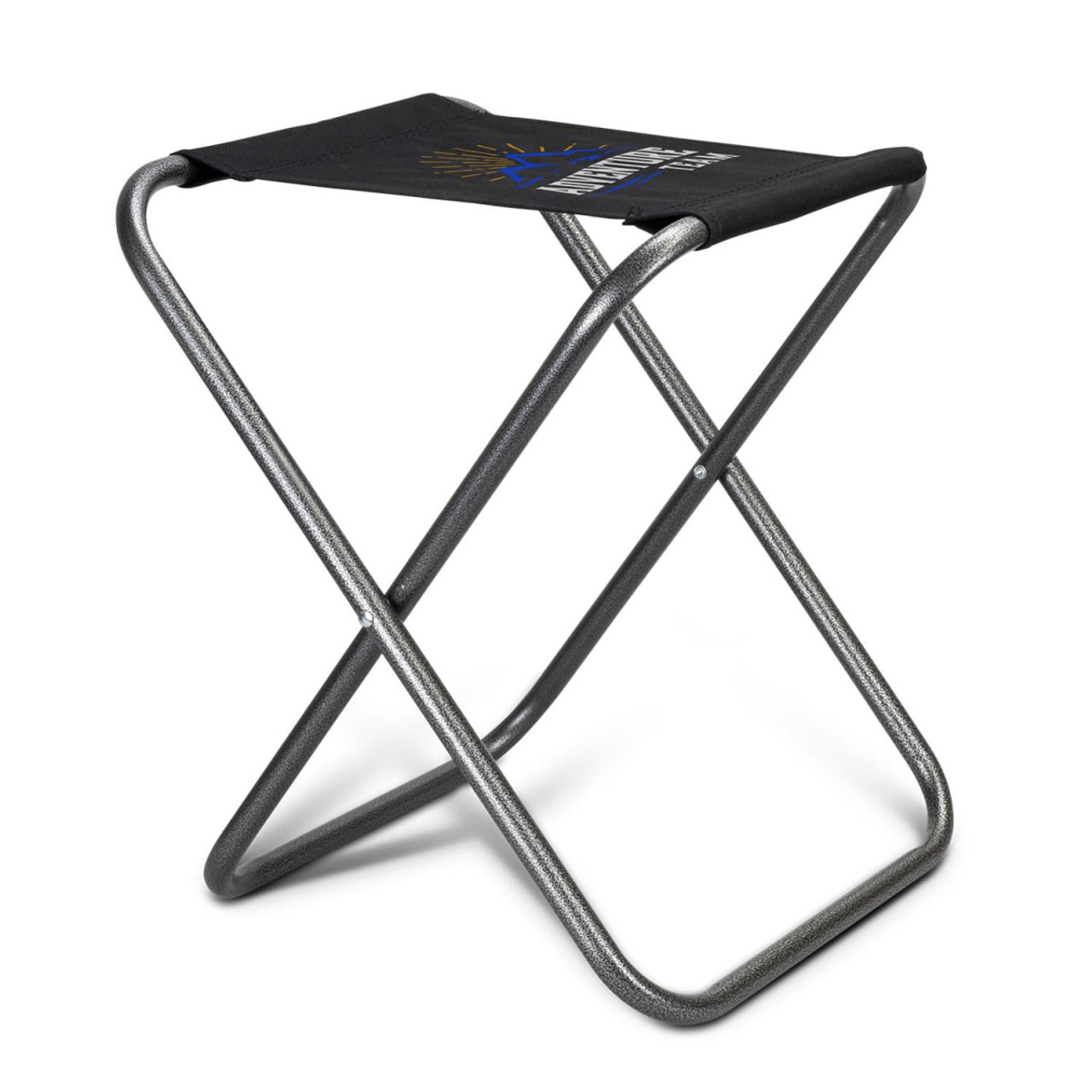A portable folding stool with a black seat and a silver frame. It features a logo on the fabric.