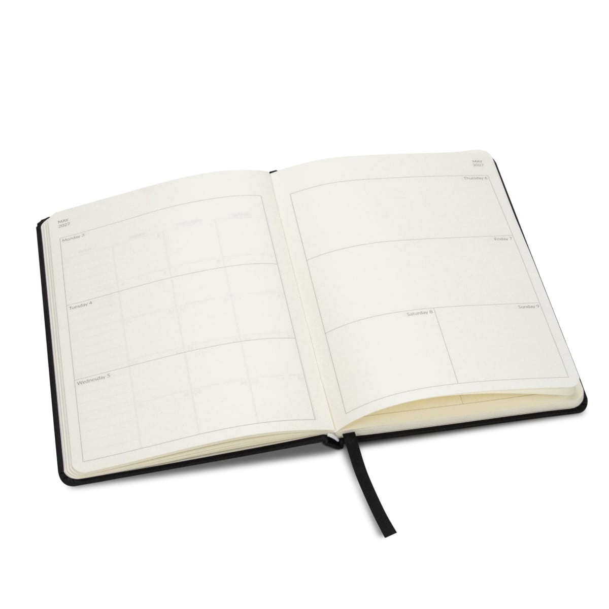 An A5 weekly diary in black, featuring cream pages with blank weekly layouts and a ribbon marker.