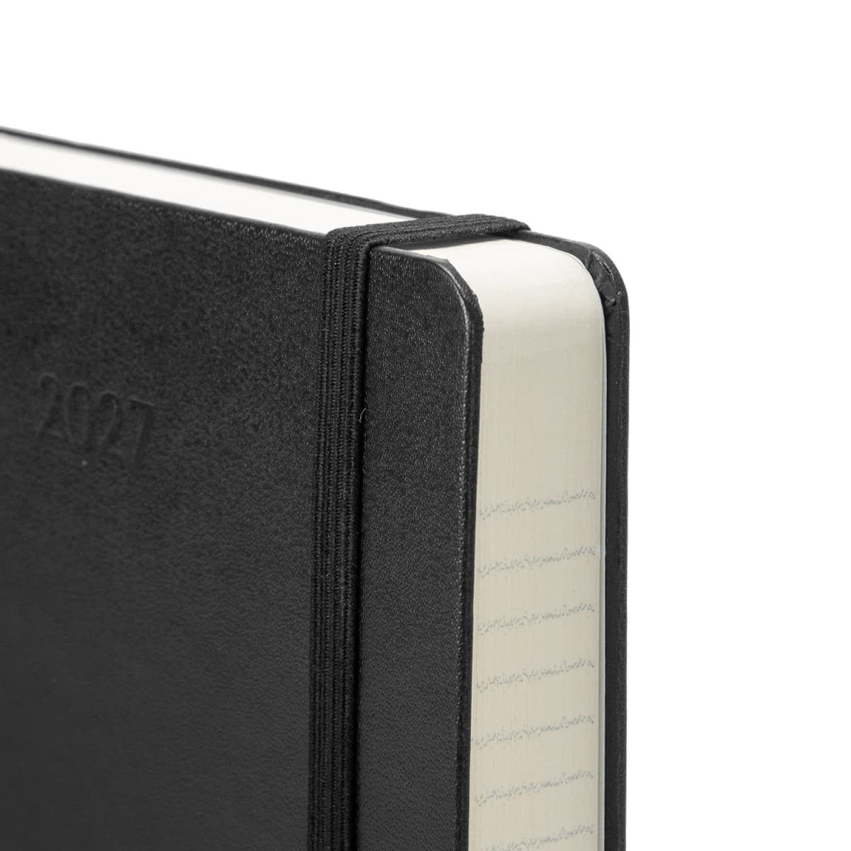 A black 2027 Moleskine planner with a textured cover and elastic band closure, featuring white pages with lined edges.
