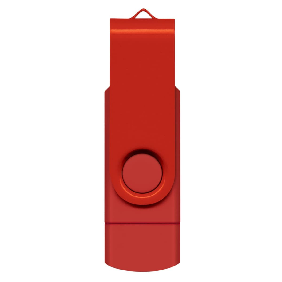 A red dual flash drive with a swivel design and a single attachment loop.