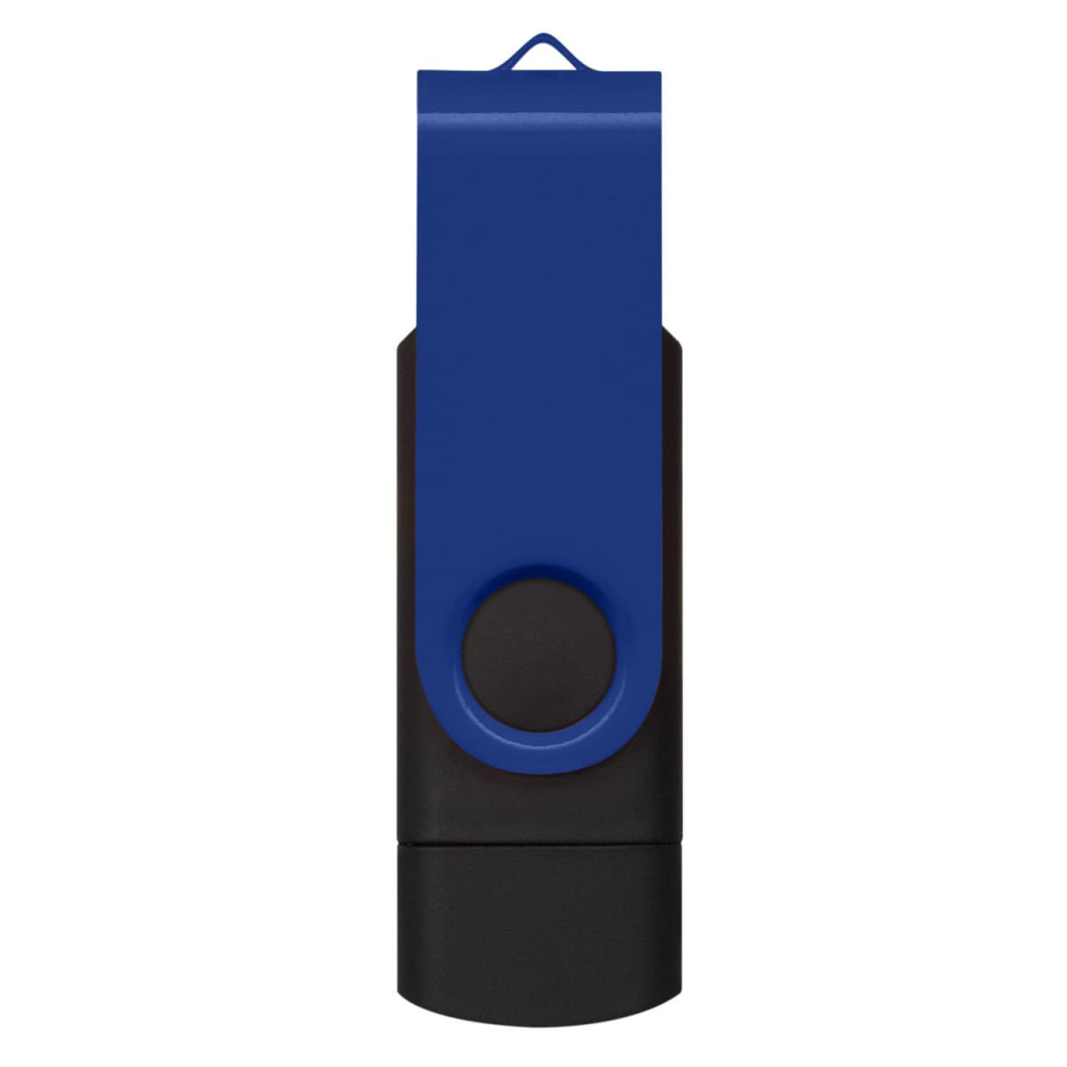 A blue and black dual flash drive with a swivel design and a circular button. The flash drive has a logo.