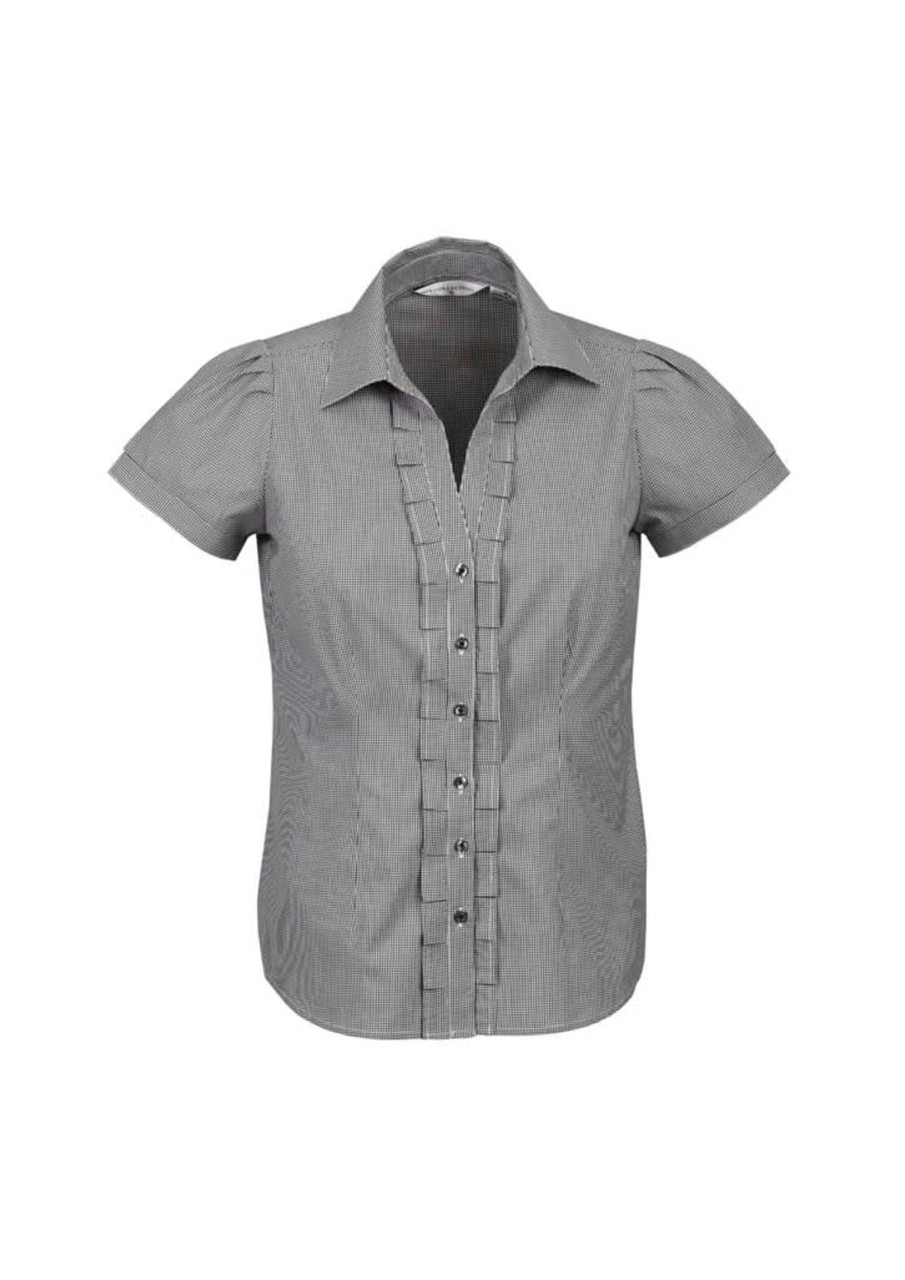A short sleeve button-up shirt in a grey and white pinstripe pattern, featuring a fitted design and a front button closure.