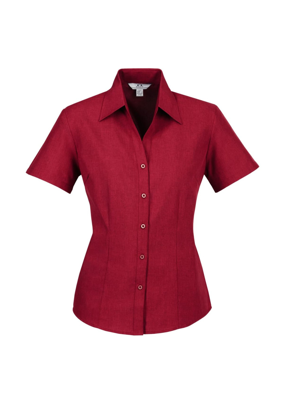 A women's short sleeve button-up shirt in a rich burgundy colour, featuring a tailored fit and a collar.