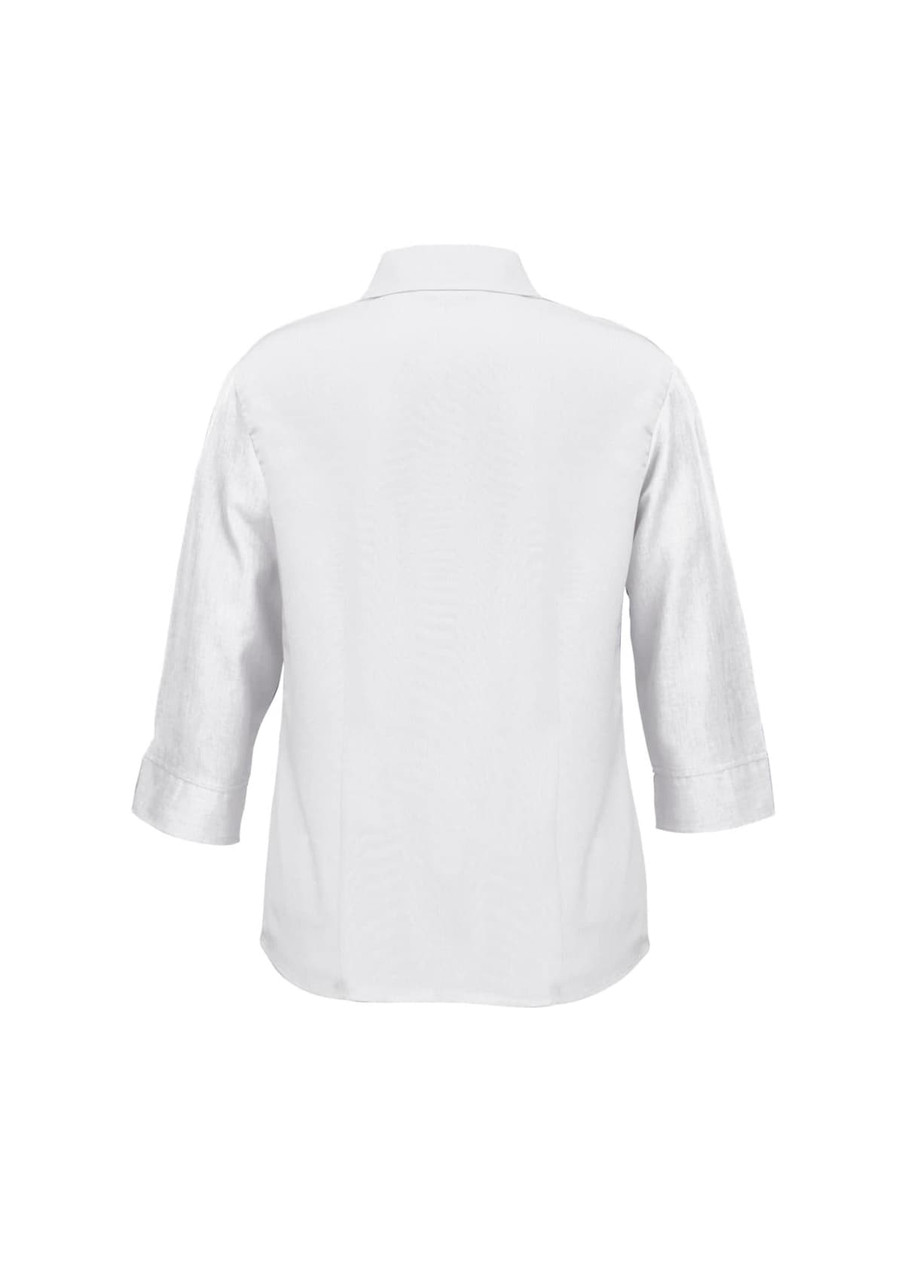 A white women's shirt with 3/4 sleeves and a collar, featuring a logo on the back.