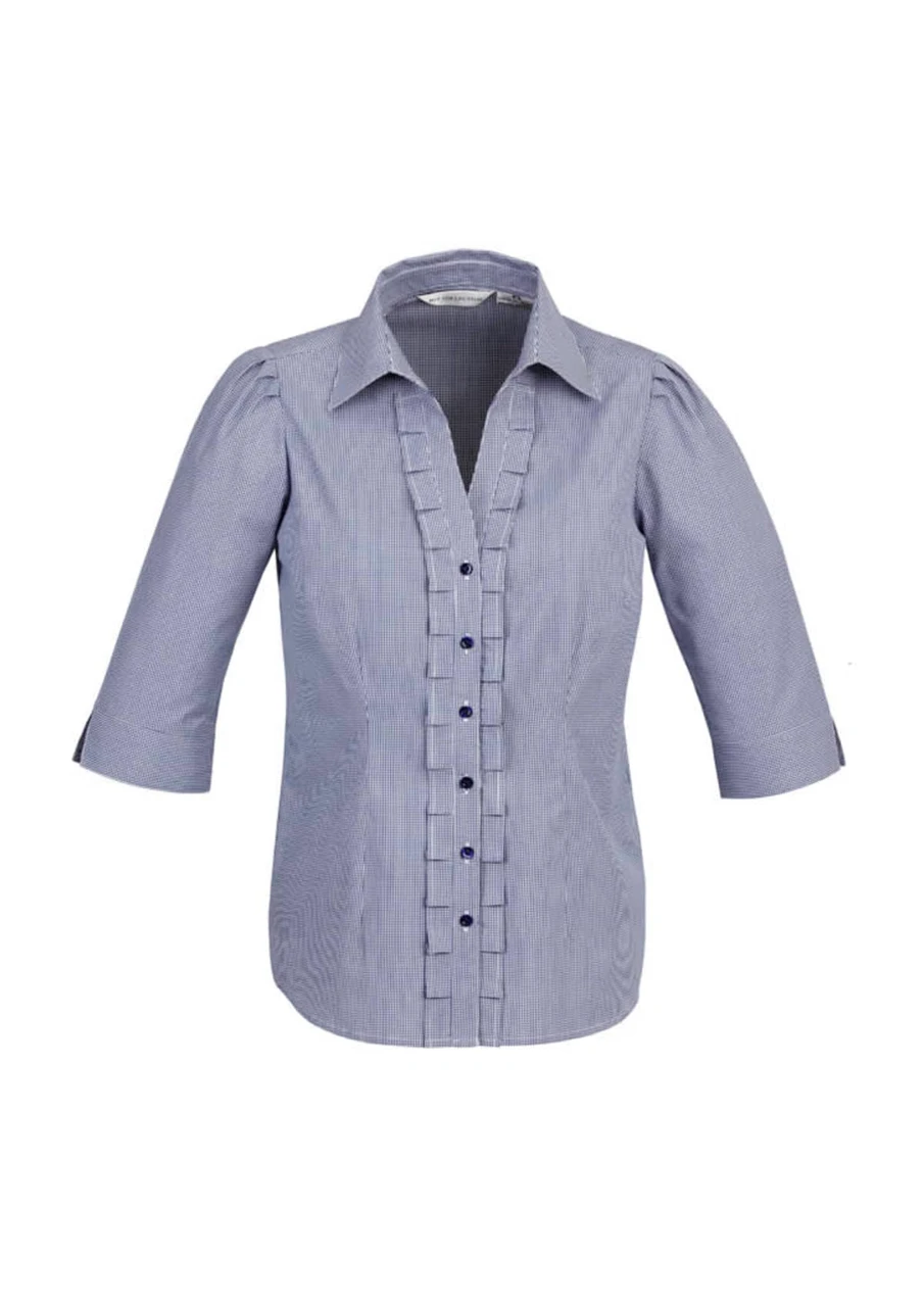 A blue and white striped women's 3/4 sleeve button-up shirt with puffed sleeves and a ruffled front.