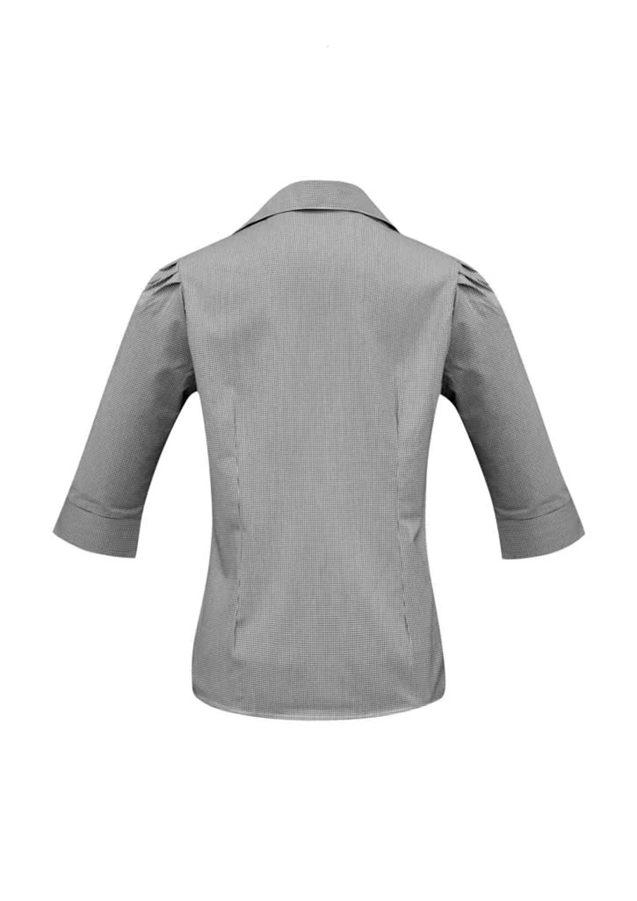 A 3/4 sleeve button-up shirt in grey with a fitted back and a collar, featuring subtle striped patterns.
