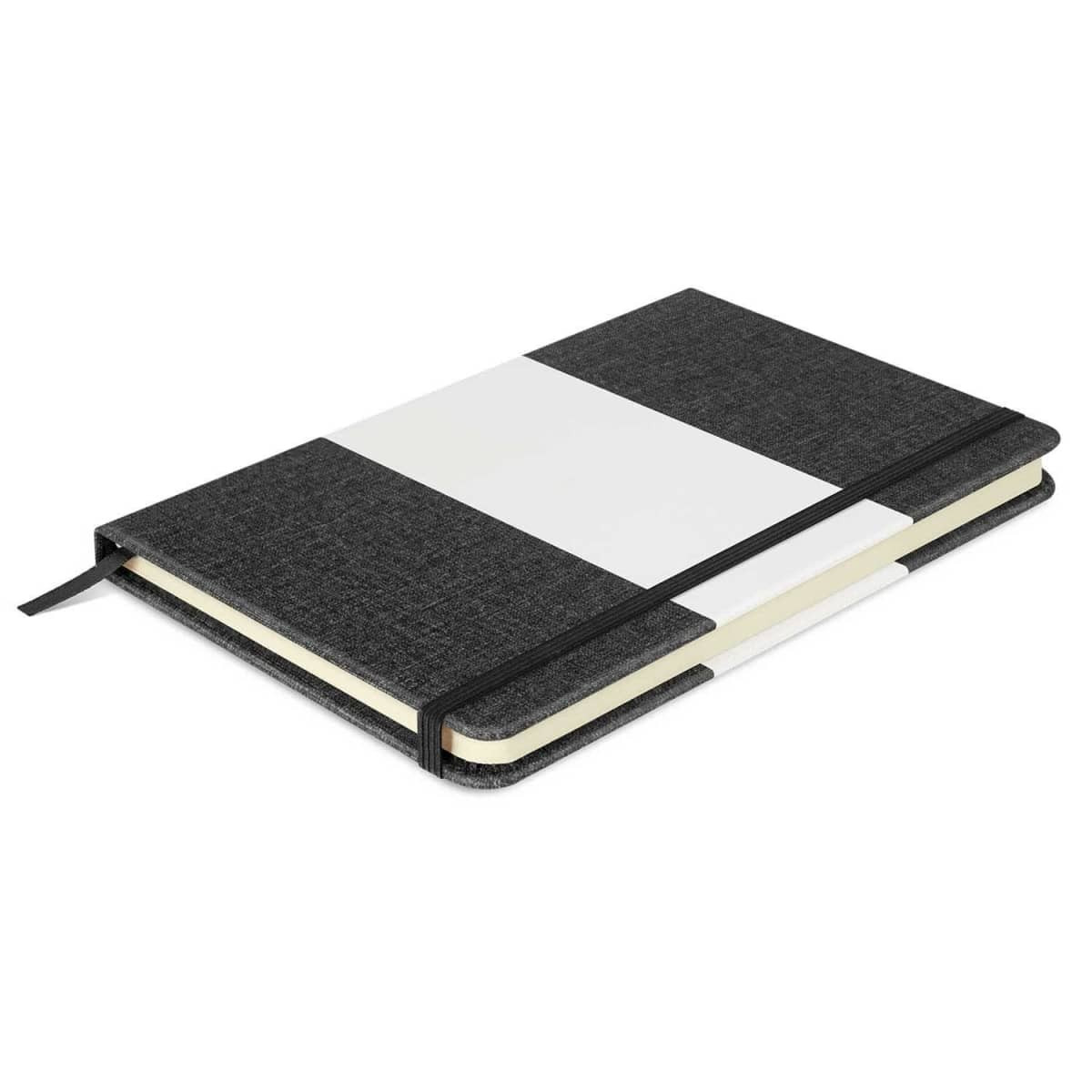 A notebook with a black textured cover featuring a white stripe, secured with an elastic band.