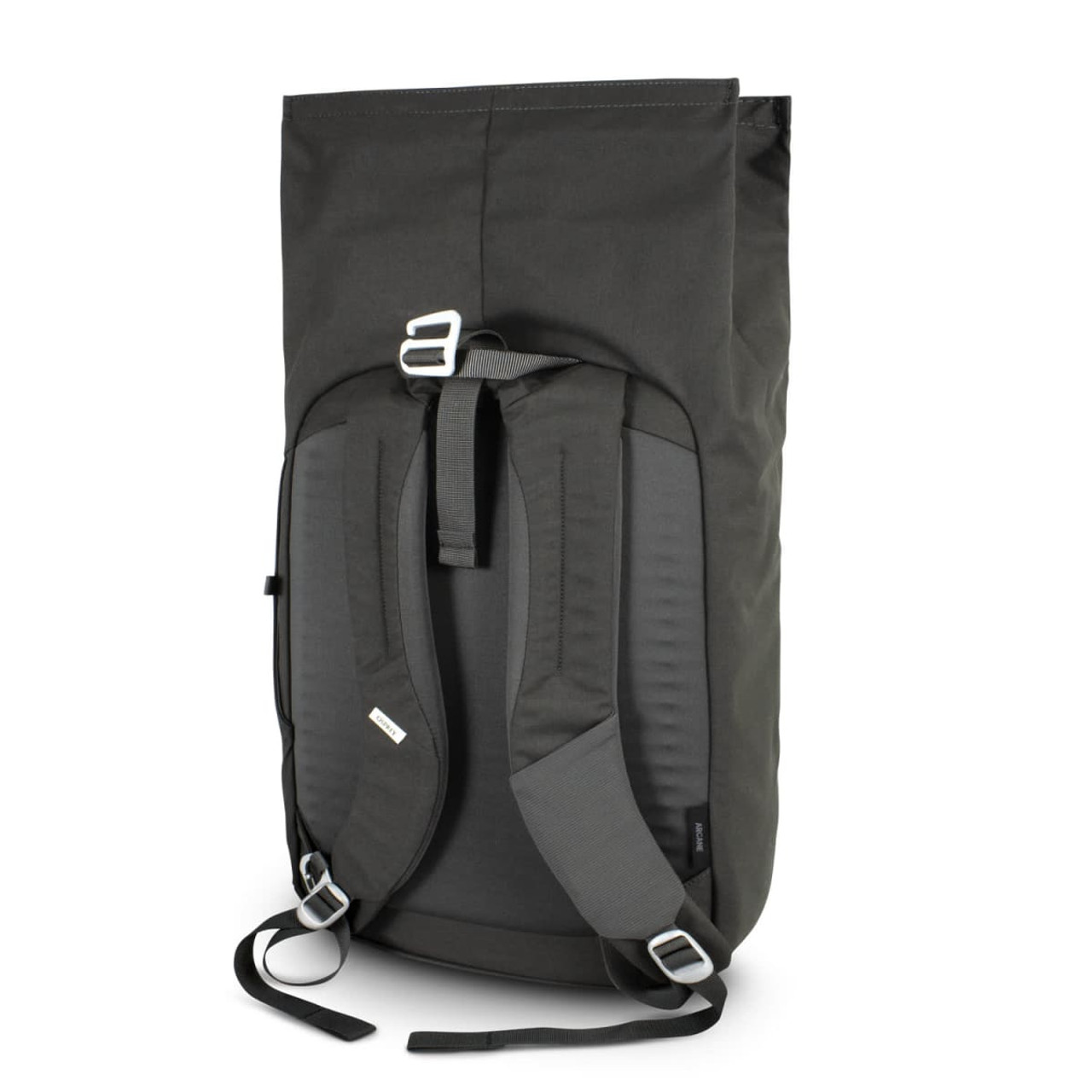 A roll top backpack in dark green with adjustable straps and a grey back panel. It features a logo.