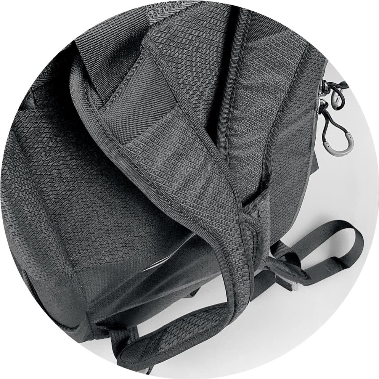 A black Osprey Daylite Duffle Bag featuring straps and a textured finish, with a logo present. A black Osprey Daylite Duffle Bag featuring straps and a textured finish, with a logo present.