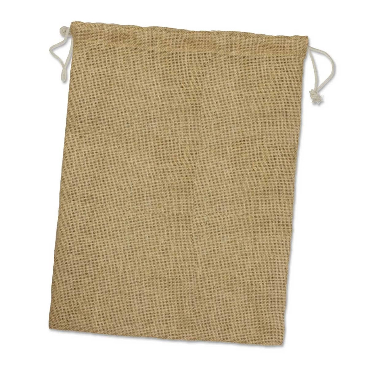 A large, natural jute produce bag with a drawstring closure, made from durable, eco-friendly material.