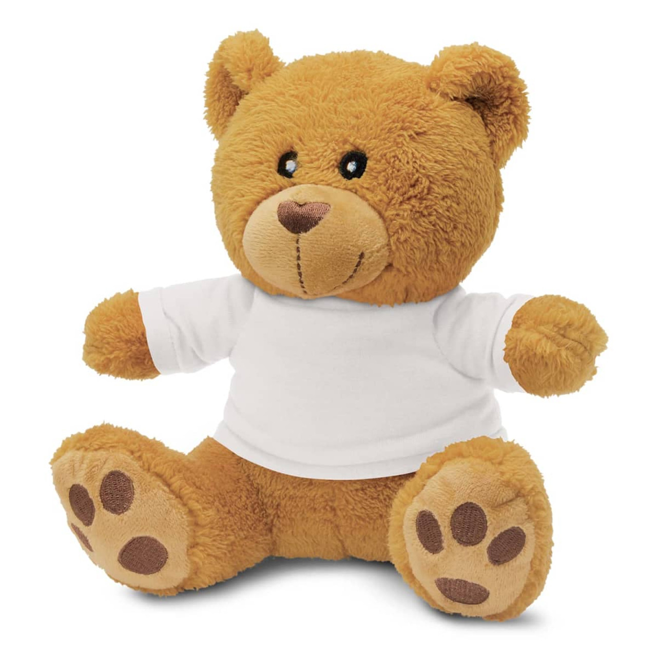 A plush teddy bear in a light brown colour, wearing a plain white t-shirt, with soft features and paw prints. A plush teddy bear in a light brown colour, wearing a plain white t-shirt, with soft features and paw prints.