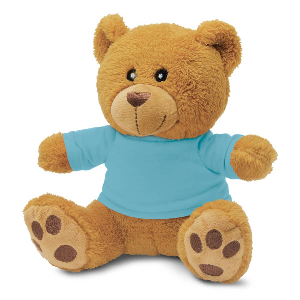 A plush teddy bear toy in brown, wearing a light blue shirt, with brown paw prints and a friendly expression. A plush teddy bear toy in brown, wearing a light blue shirt, with brown paw prints and a friendly expression.