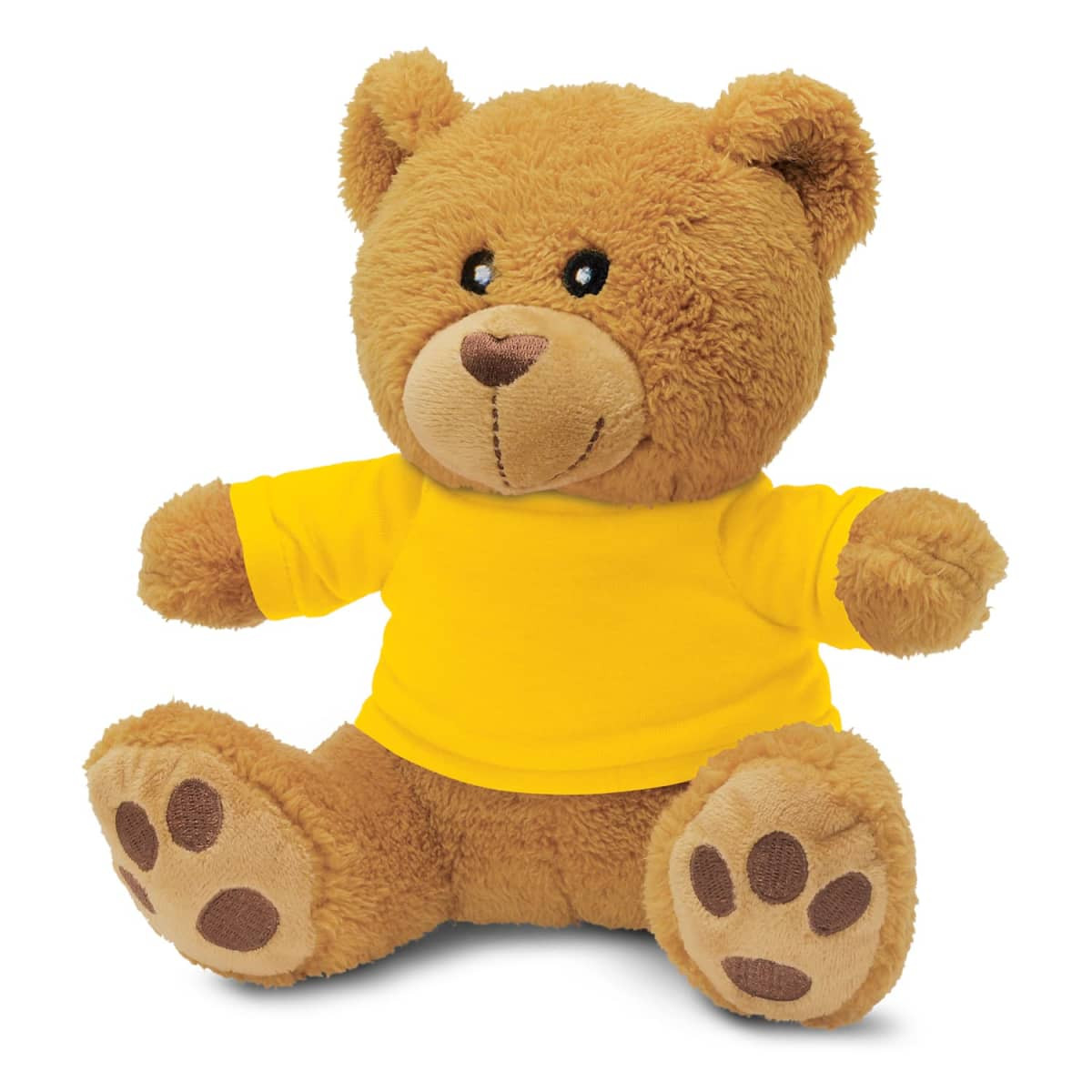 A brown teddy bear plush toy wearing a yellow T-shirt, featuring black button eyes and paw prints on its feet.