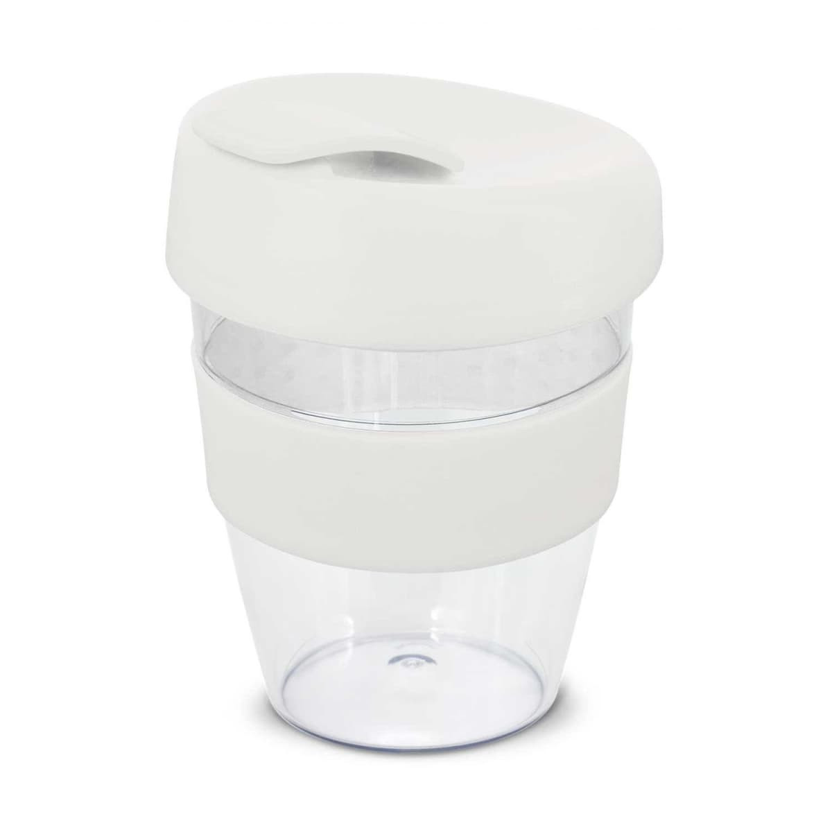 A drink bottle in white and clear, featuring a sleek design and a lid. It has a logo on the surface.