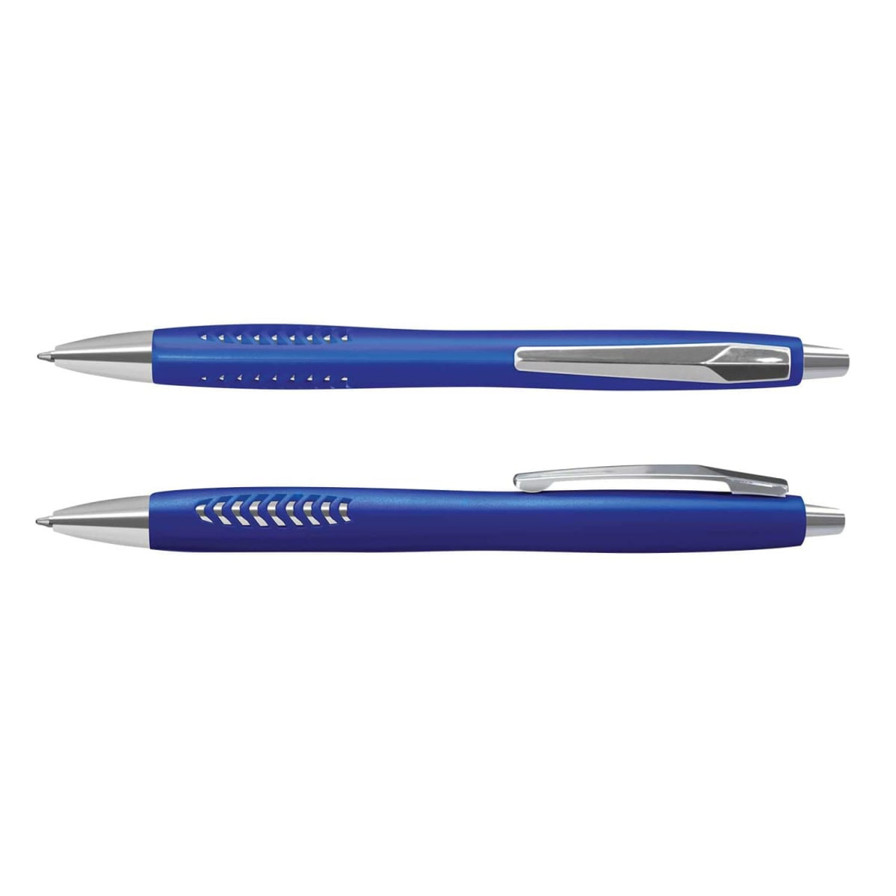A blue plastic pen with a sleek design features a silver clip and accent details.
