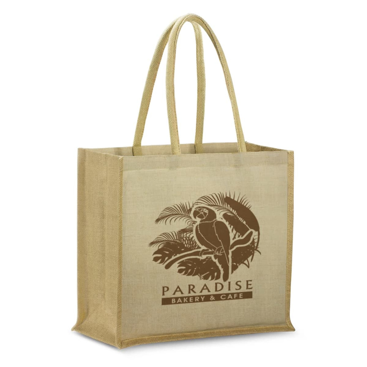 A natural jute tote bag in beige with a logo featuring a parrot and tropical design. A natural jute tote bag in beige with a logo featuring a parrot and tropical design.