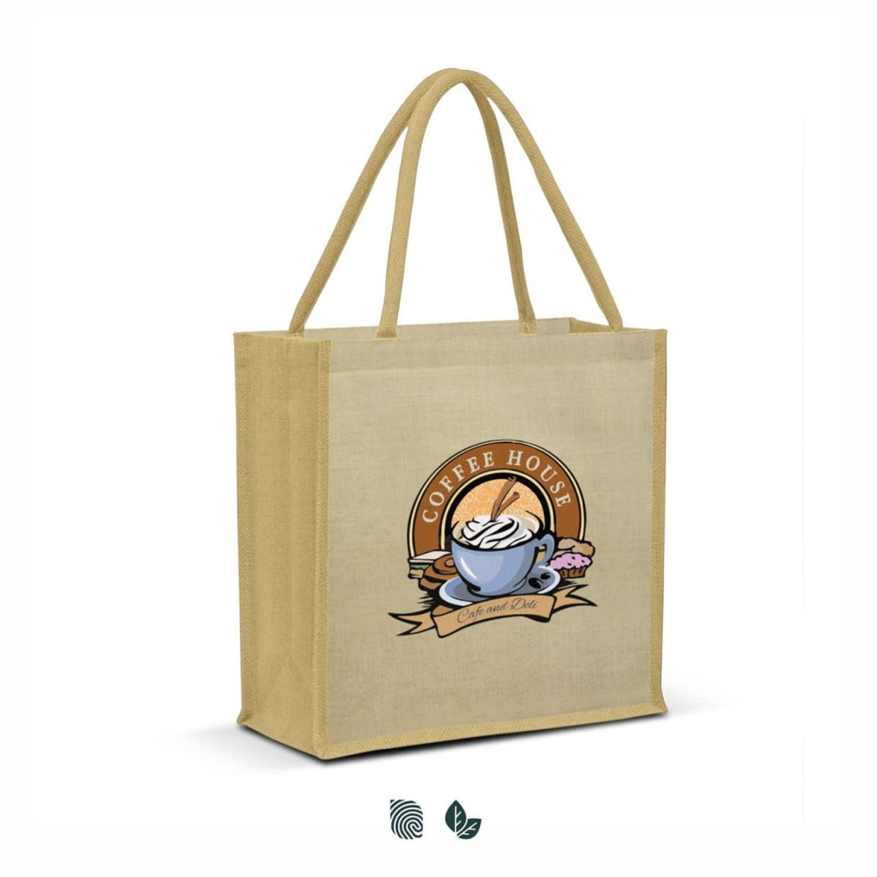 A tan tote bag with a logo featuring a coffee cup and pastries, designed for promotional use.