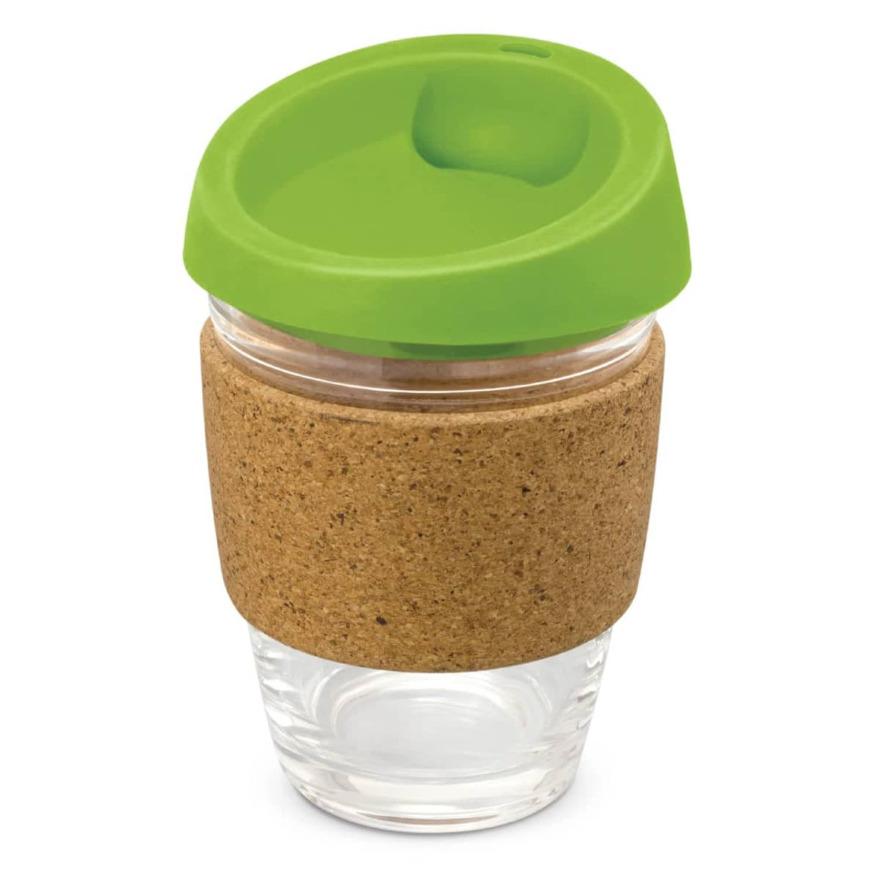 A drink bottle with a glass body, complemented by a cork band and a green silicone lid.