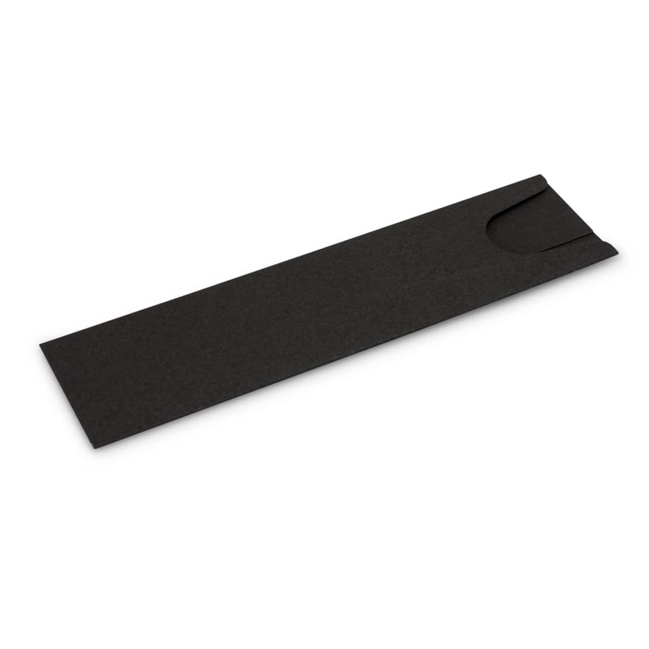 A sleek black cardboard pen sleeve designed for packaging writing instruments. A sleek black cardboard pen sleeve designed for packaging writing instruments.