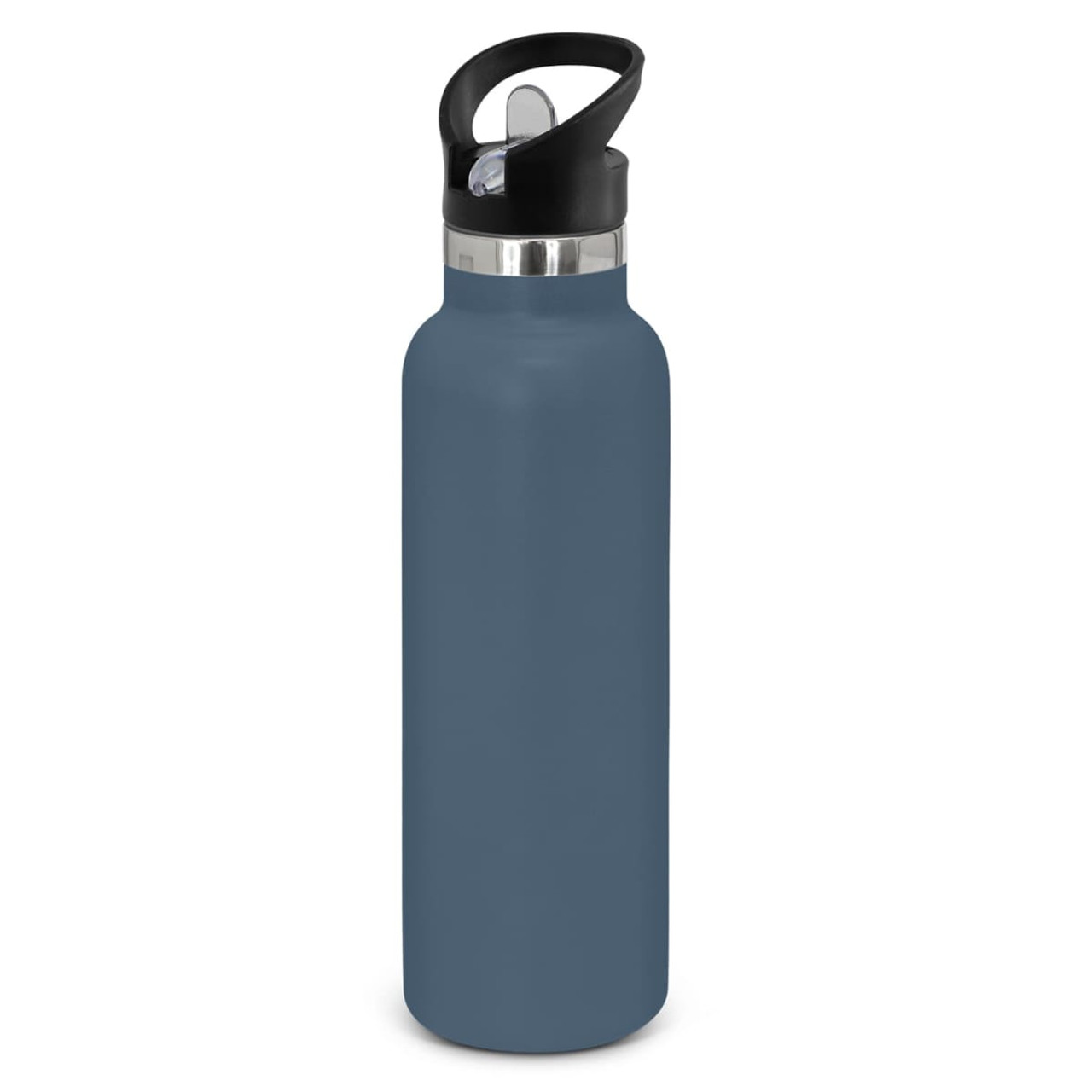 A drink bottle in a powder-coated matte blue finish with a black lid and handle, featuring a logo.