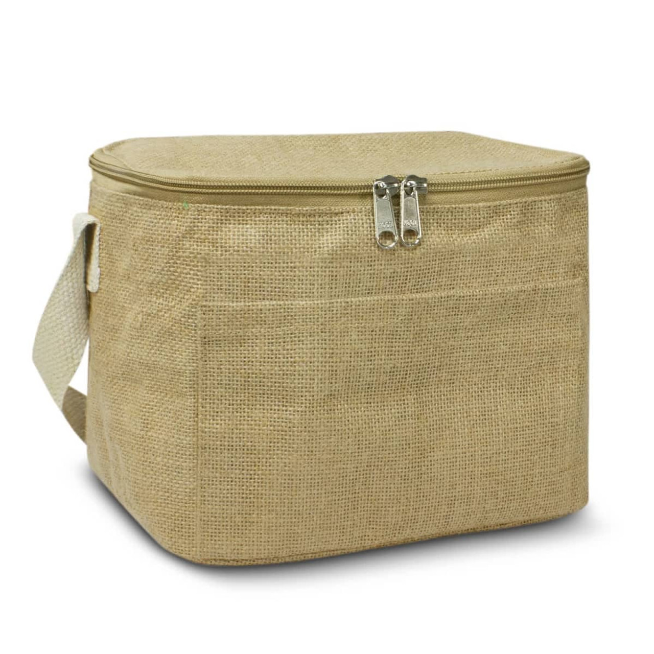 A tan jute cooler bag with a zip closure and a shoulder strap, featuring a front pocket and a logo.