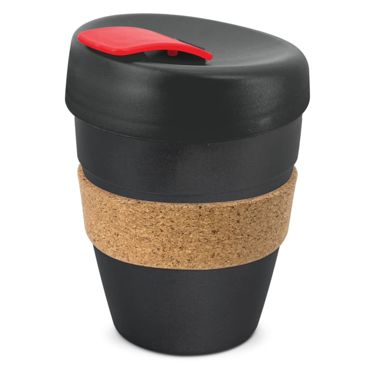 A reusable coffee cup with a black body, cork band, and red lid. Features a logo.