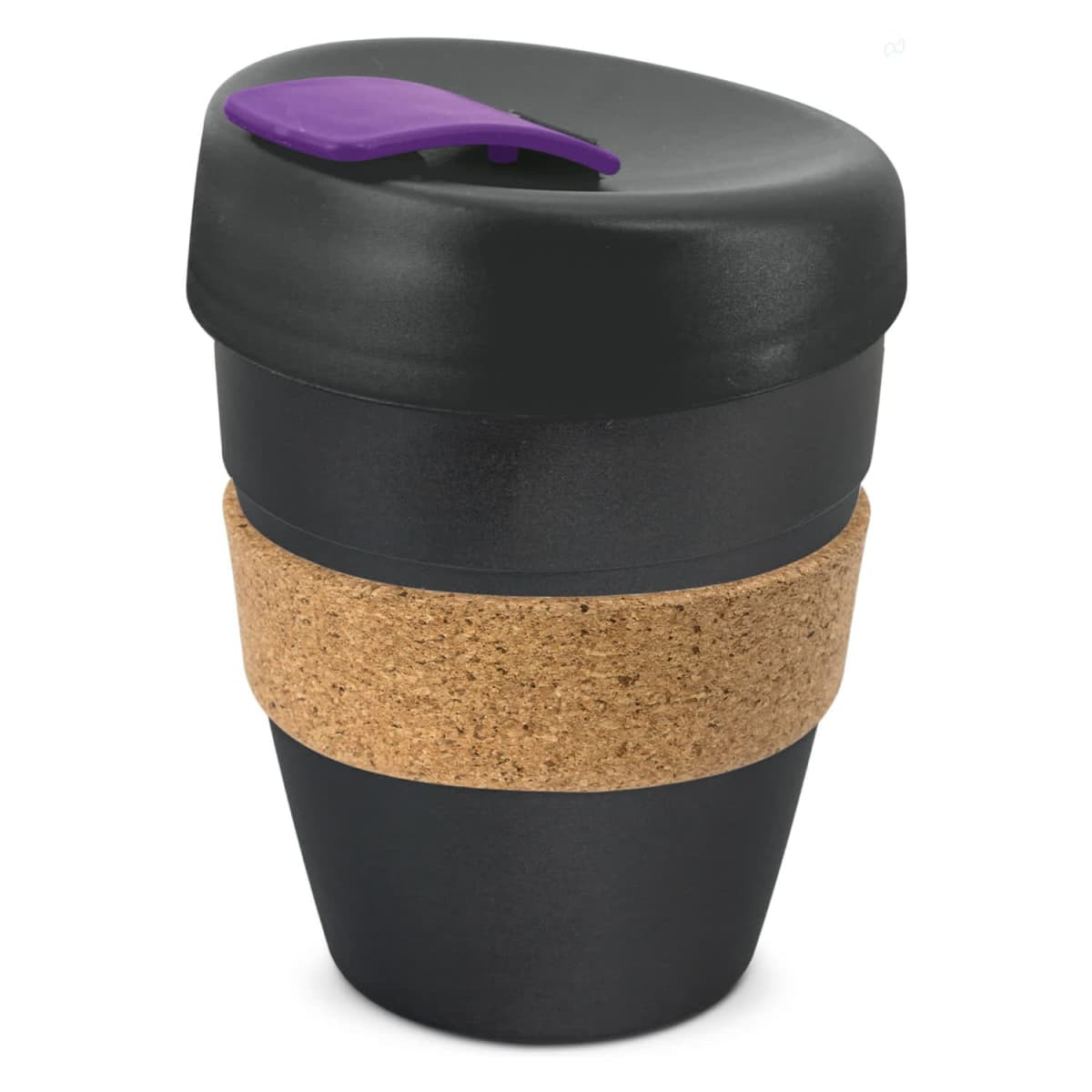 A reusable coffee cup in black with a cork band and a purple lid. Features a logo on the design.