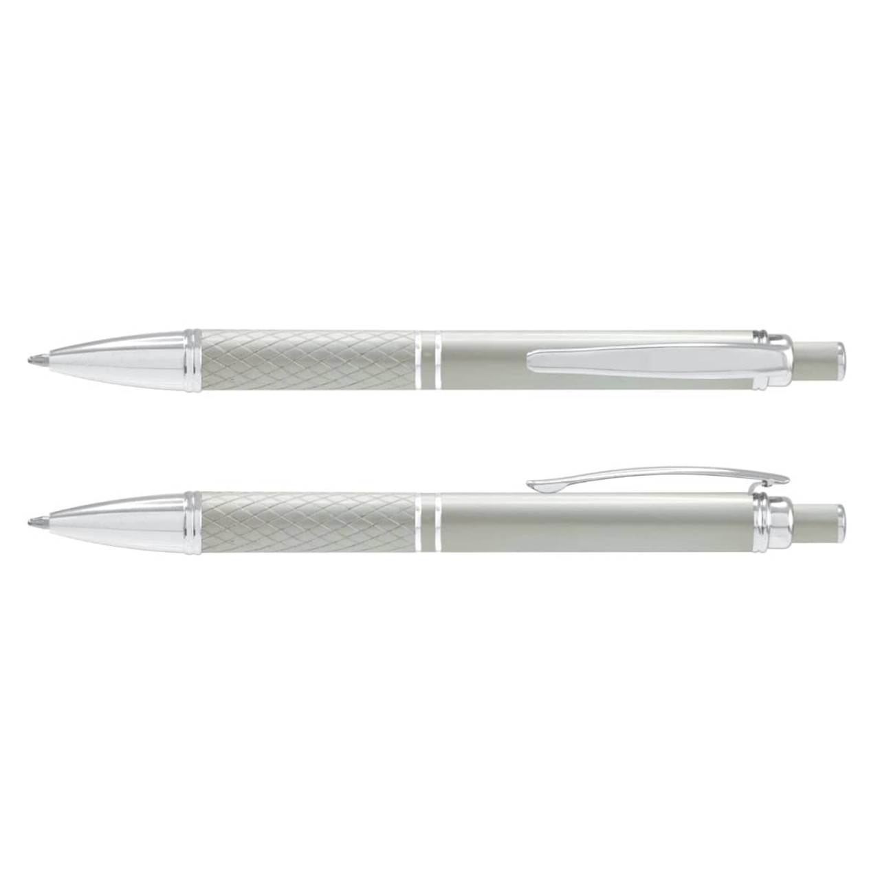 A metal pen in silver and grey, featuring a textured grip and a clip, with a logo on the body.