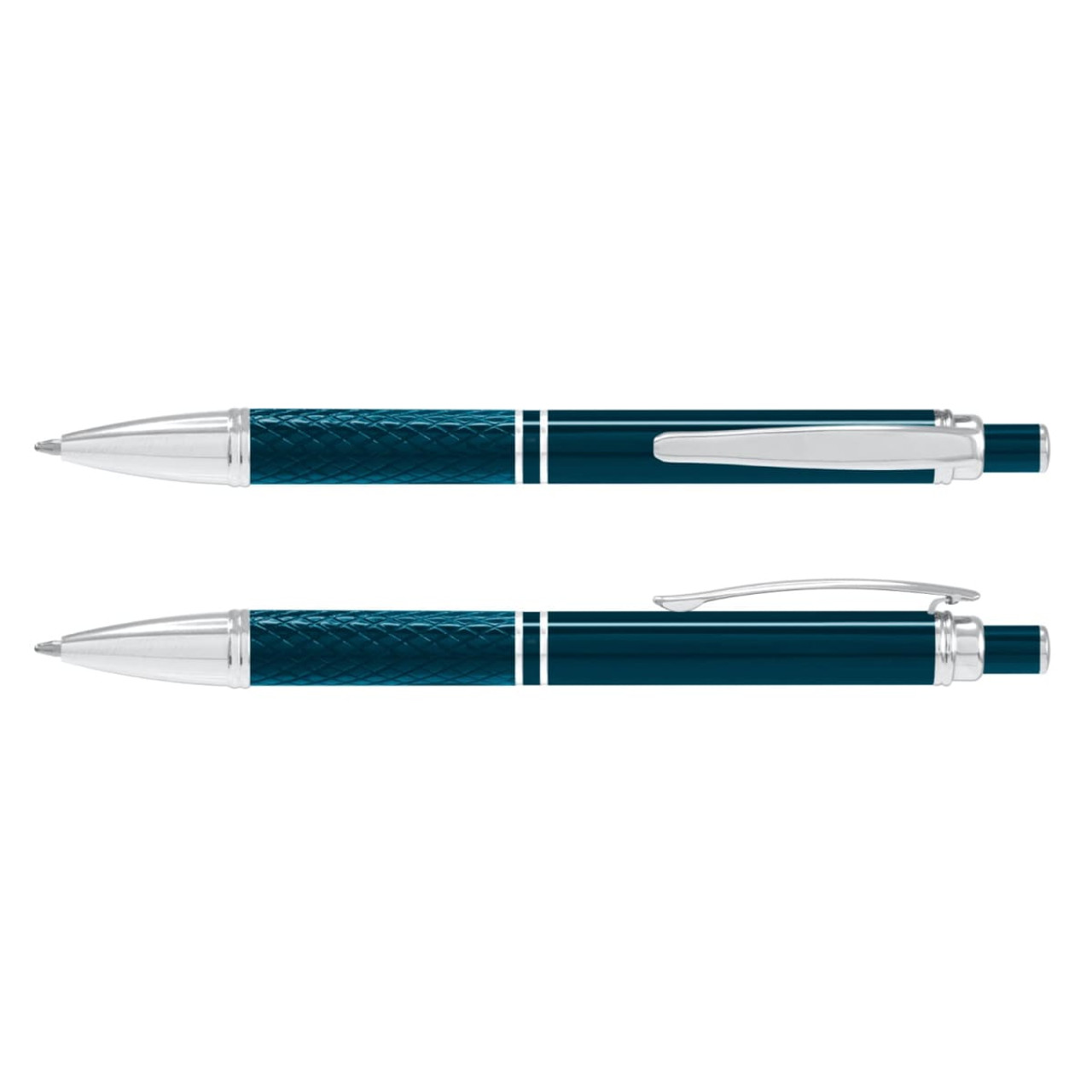 A metal pen in a deep teal colour with silver accents and intricate detailing. The pen is displayed with both ends visible.