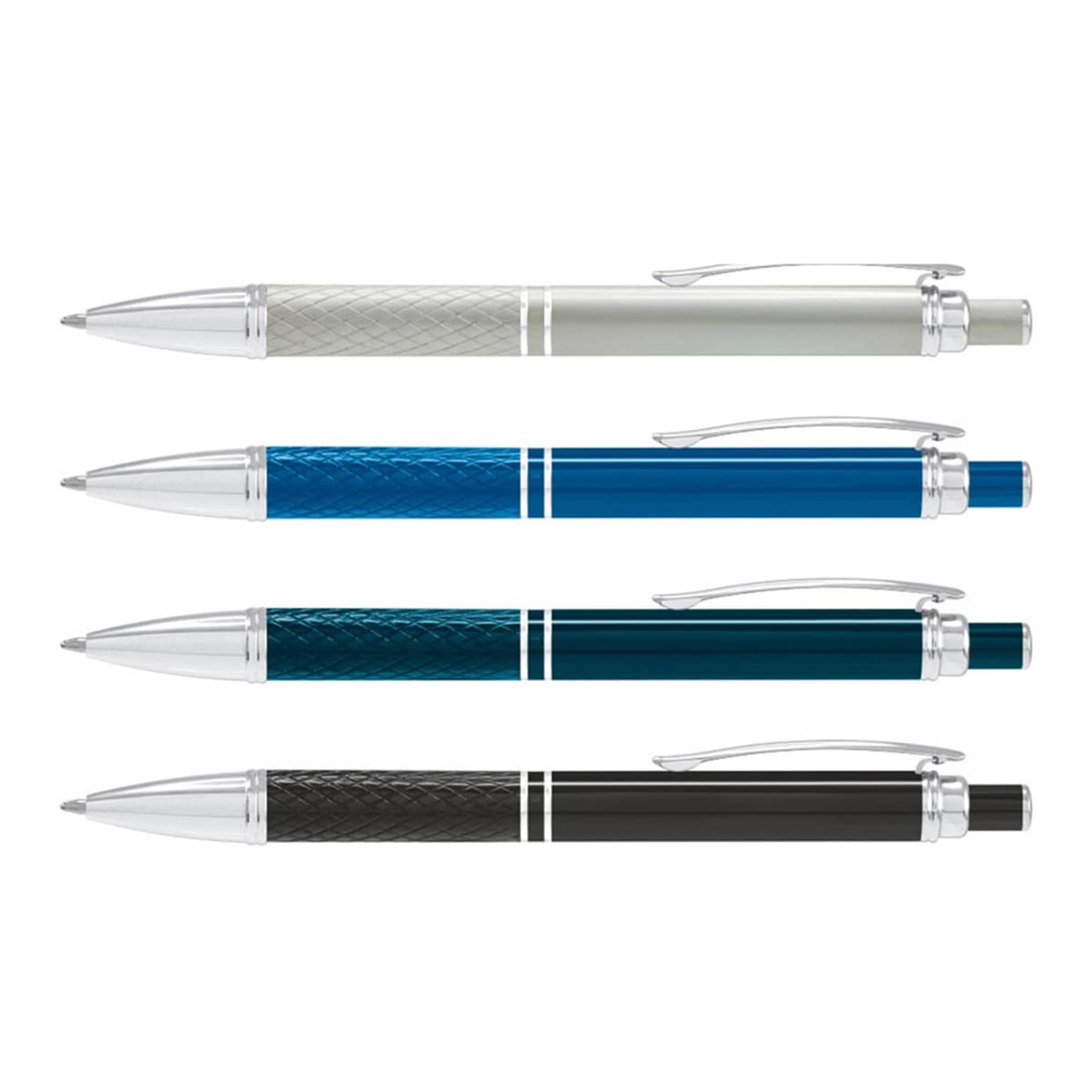 Four metal pens in silver, blue, teal, and black with a shiny finish and a decorative pattern. Each pen has a silver clip.