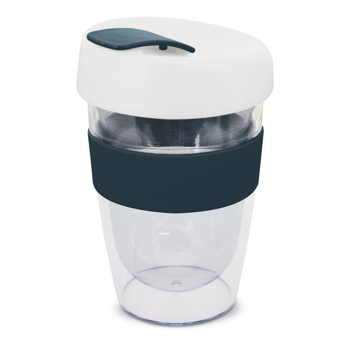 A drink bottle featuring a clear body, white lid, and navy blue silicone band. Ideal for hot beverages.