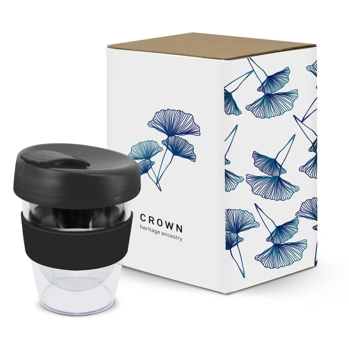 A drink bottle with a black lid and transparent body, accompanied by a decorative box featuring floral designs.