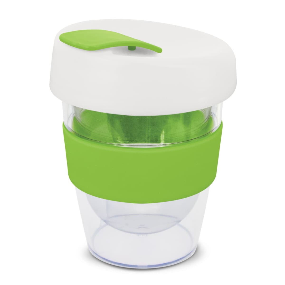 A drink bottle featuring a transparent body, green silicone band, and a white lid with a leaf design.