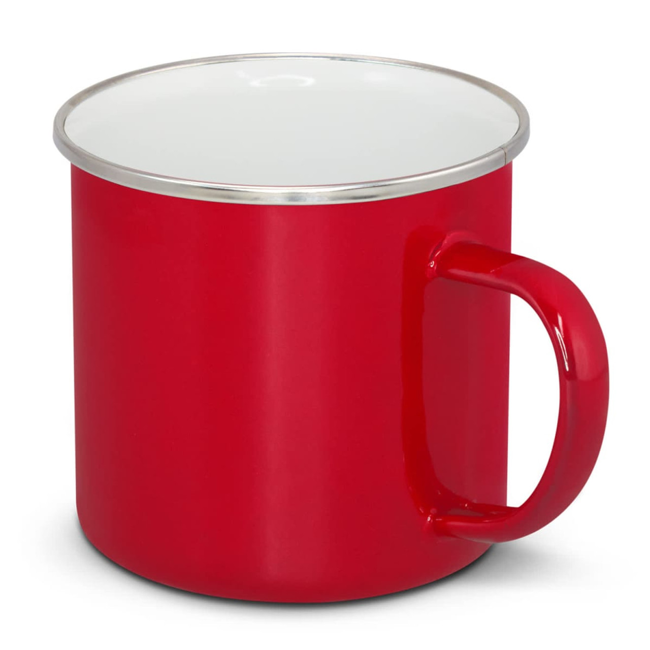 A red enamel mug with a white interior and a shiny silver rim. Features a sturdy handle and has a logo.